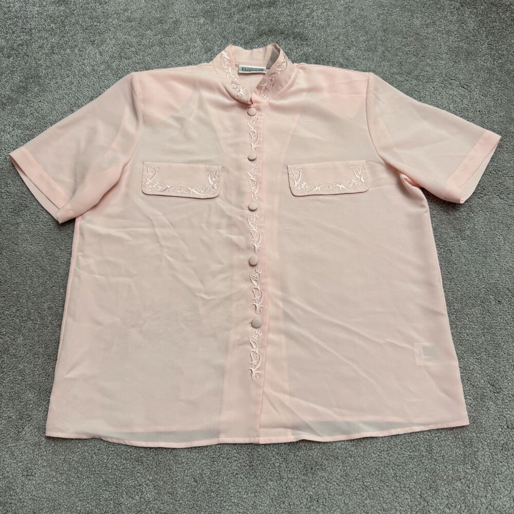 Vintage Christie & Jill Embroidered Floral Padded Shoulder Blouse Large Pink Top
